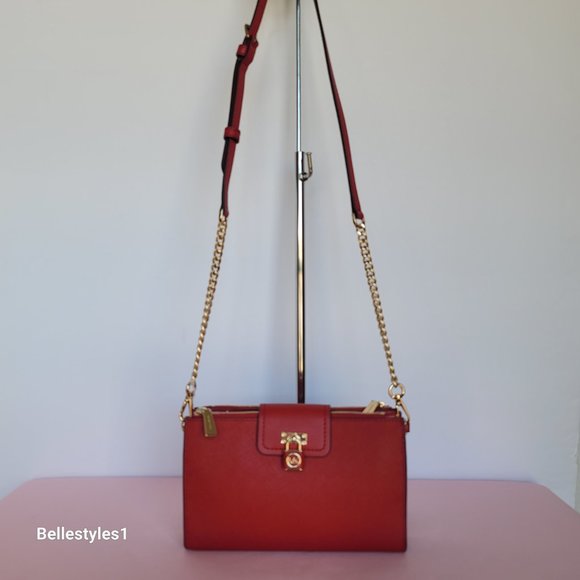 MICHAEL KORS Ruby Small Double-Zip Saffiano Leather Crossbody Bag- Crimson ⭐ - Picture 5 of 16